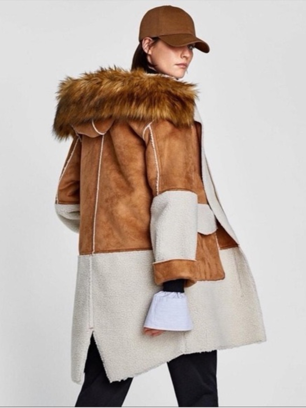 Zara Faux Suede & Shearling Patchwork Trench Coat Faux Fur Fall Winter